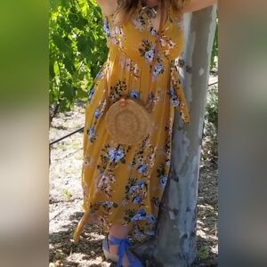 Band of Gypsies Mustard and Blue Floral High Low Dress